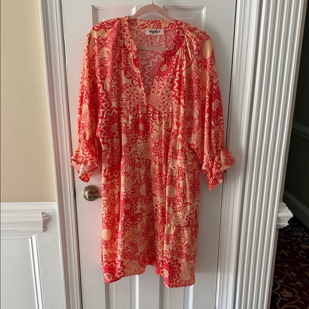 Floral Long Sleeve Dress in Red and Cream